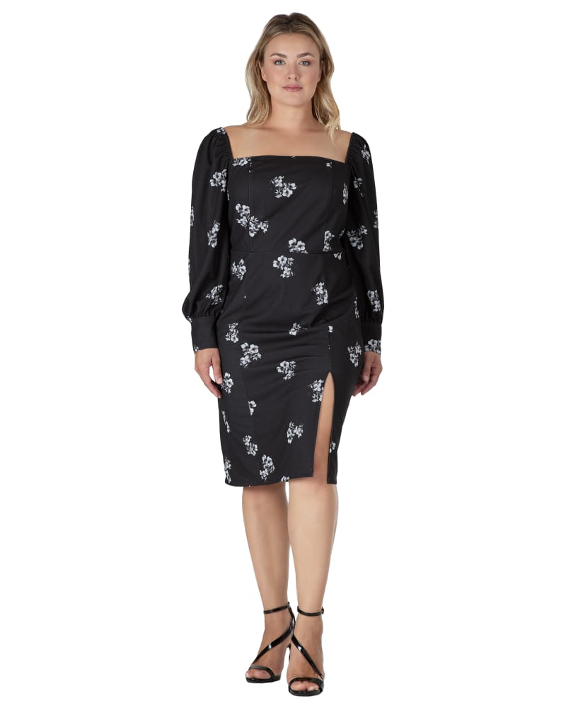Front of a model wearing a size 20 Women's Floral Print Drop Sleeve Midi Dress in Black/White Sakura by Standards & Practices. | dia_product_style_image_id:275826